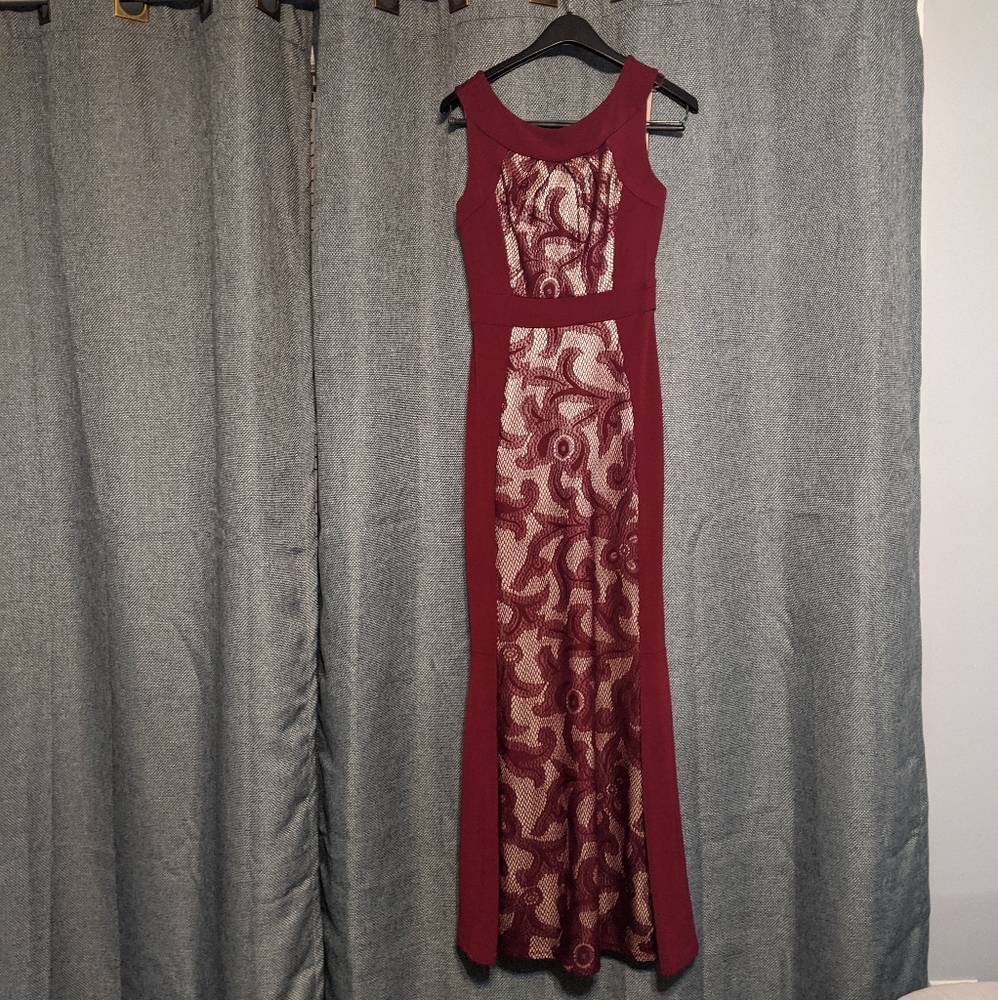 Sangria Sleeveless Burgundy Mesh Lace Panel Gown